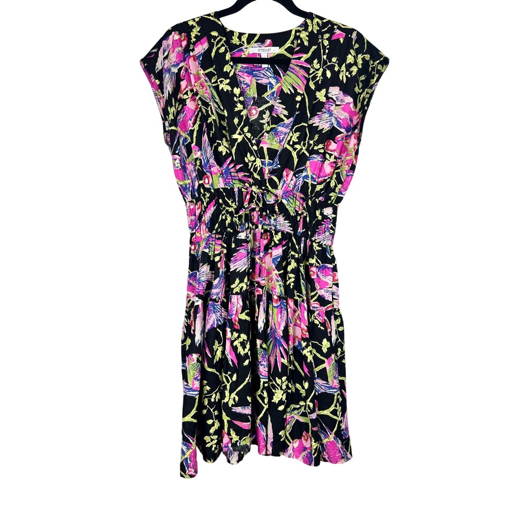 Derek Lam 10 Crosby Bird Floral Linen Blend Smocked Mini Dress Black Pink Size 6